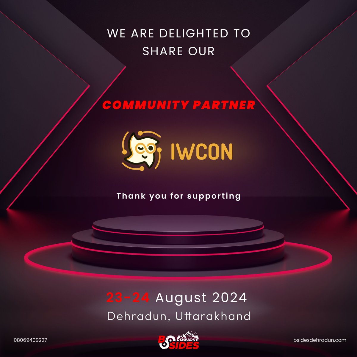 We're excited to announce that we're teaming up with the
<a href="/IWcon_/">IWCON - The Infosec Writeups' Security Conference</a> to bring you the first-ever BSides Dehradun 2024! 🎉 

Join us in Dehradun, Uttarakhand on 23-24 August 2024.  Don't miss out on this opportunity to be part of the #BSidesDehradun with our Community partner #IWcon.