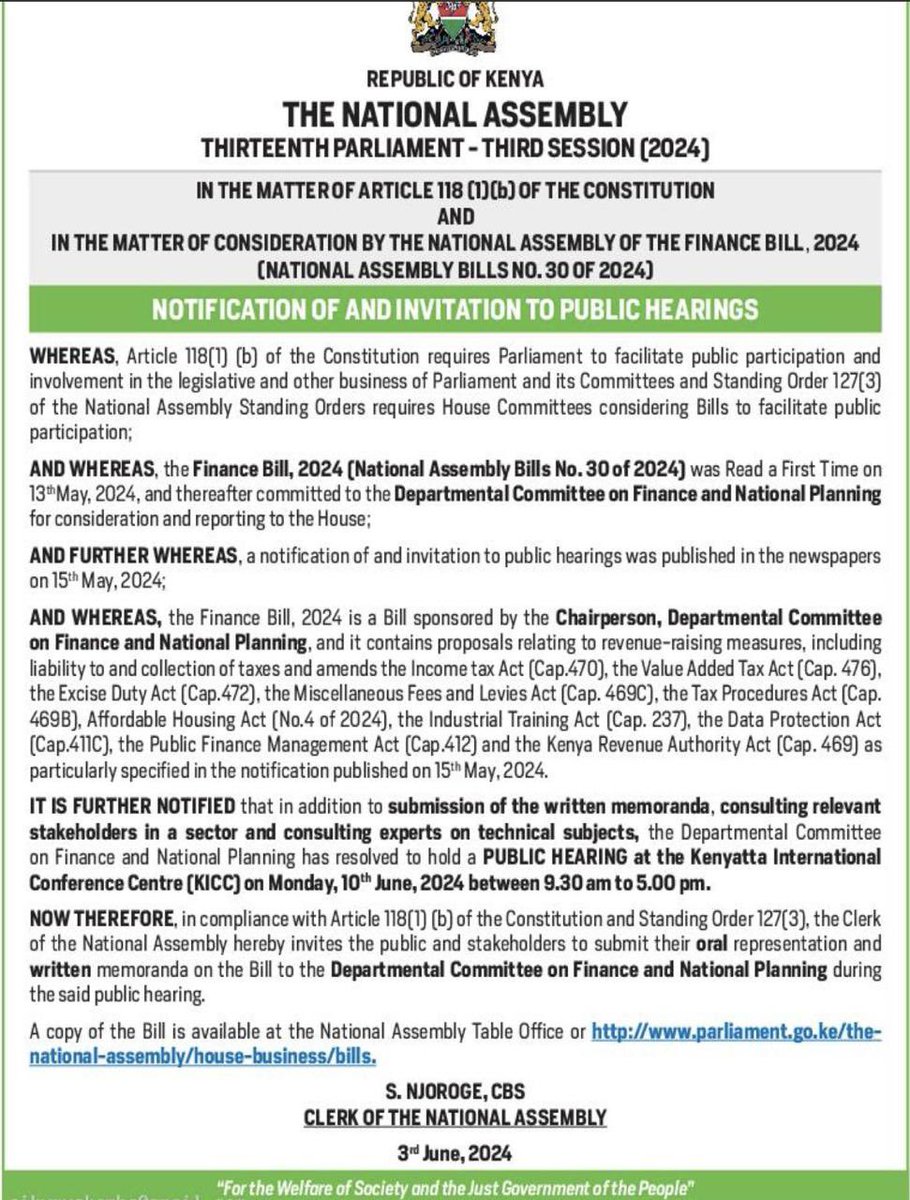 The Departmental Committee on Finance and National Planning is set to conduct a Public Hearing on the #FinanceBill2024 tomorrow 𝐌𝐨𝐧𝐝𝐚𝐲 𝐉𝐮𝐧𝐞 𝟏𝟎, 𝟐𝟎𝟐𝟒 at the @KICC Amphitheater.

𝐓𝐢𝐦𝐞: 𝟗.𝟑𝟎𝐚𝐦-𝟓.𝟎𝟎𝐩𝐦