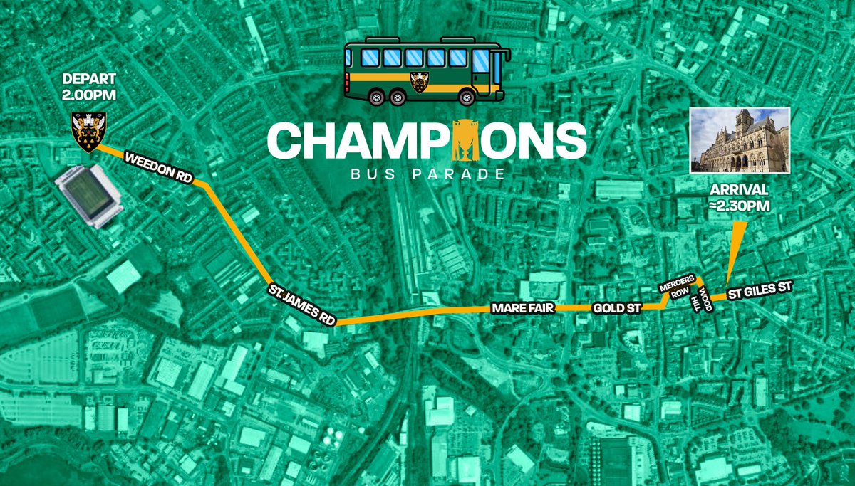 All aboard the Champions Bus Parade 🚌

We’ll be setting off from cinch Stadium at Franklin’s Gardens at 2pm and arriving at the Guildhall around 2.30pm. 

See you there!