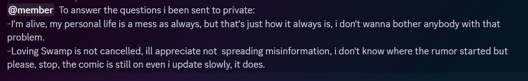 About the Loving swamp matter:

IT IS NOT CANCELLED

its soon releasing  more pages, they are being worked after work.