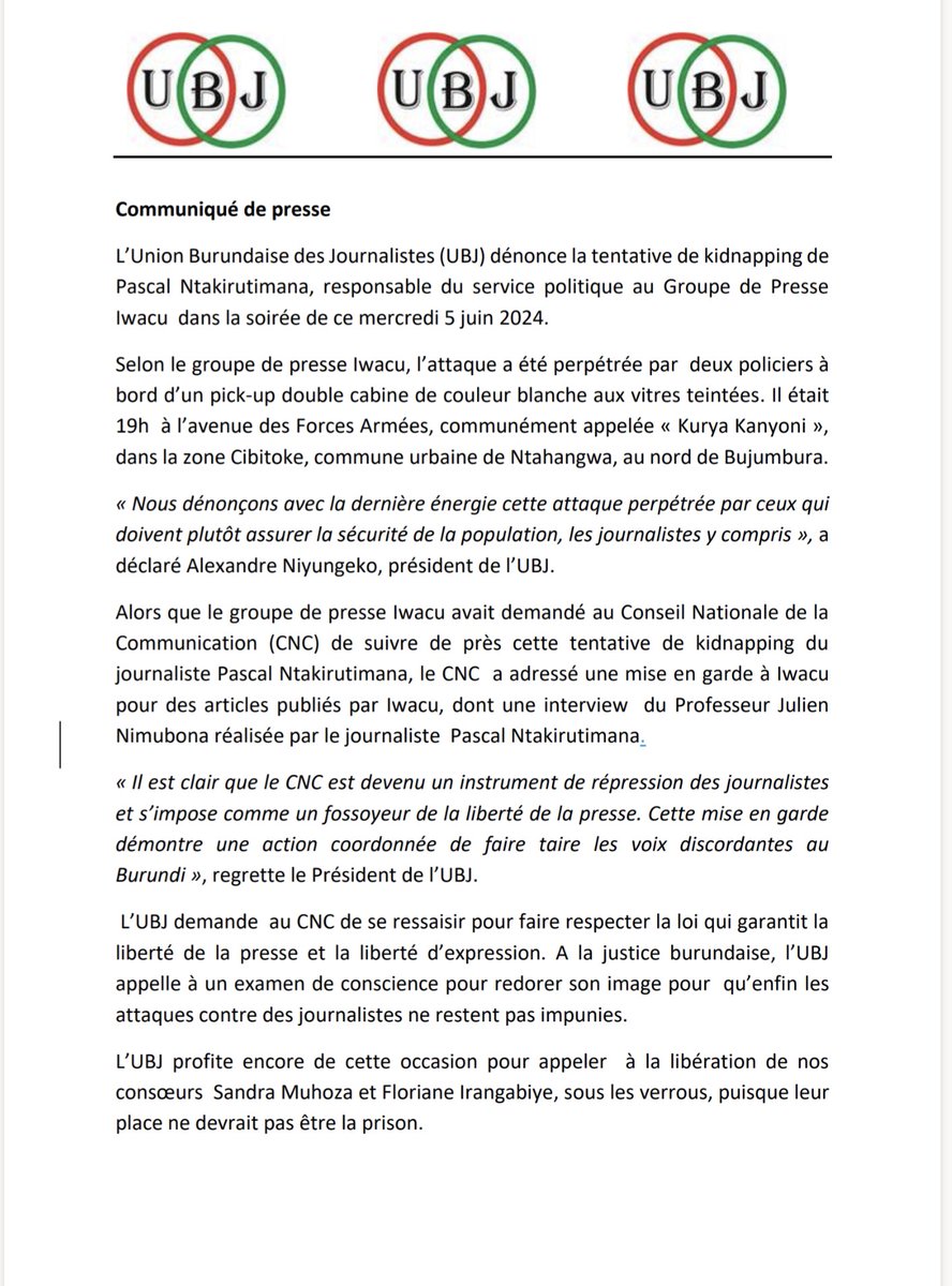« Nous dénonçons avec la dernière énergie cette attaque perpétrée par ceux qui doivent plutôt assurer la sécurité de la population, les journalistes y compris », a déclaré <a href="/niyalex1/">Niyungeko Alexandre</a>, président de l’ <a href="/UBJ_Burundi/">UBJ</a> dans un communiqué de Presse👇✍️
ubjburundi.org/communique-de-…