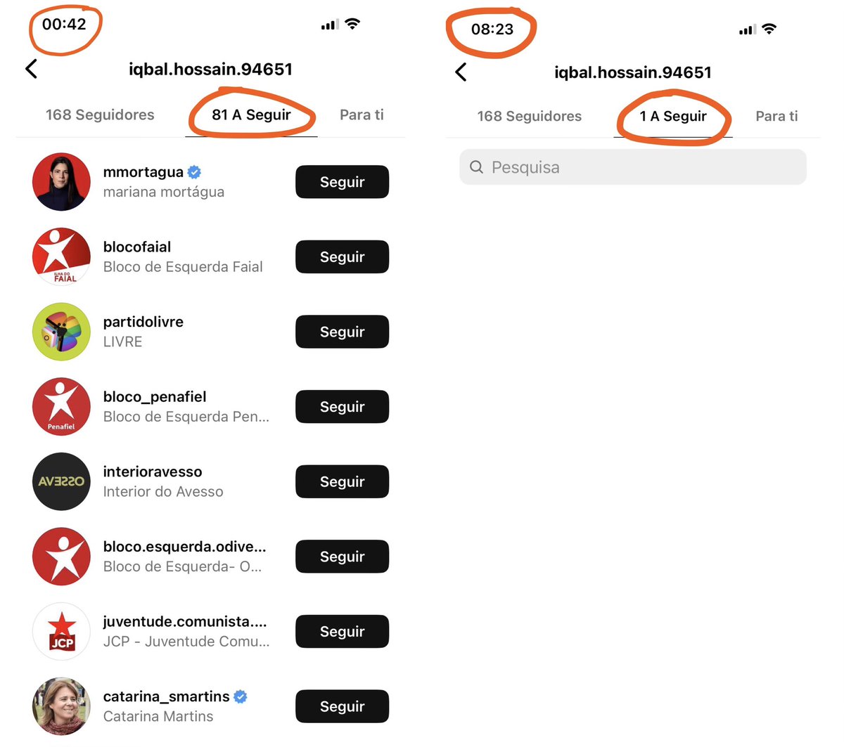 Às 0h42 o “nosso” pescador/apanhador de cravos seguia no instagram 81 contas.

Dessas 81, 52 estavam relacionadas com o BE.

Hoje às 8h23 seguia 1 conta no ig.

Um minuto de silêncio por todos aqueles q pensaram q o gajo apareceu por geração espontânea na arruada do Ventura 💀