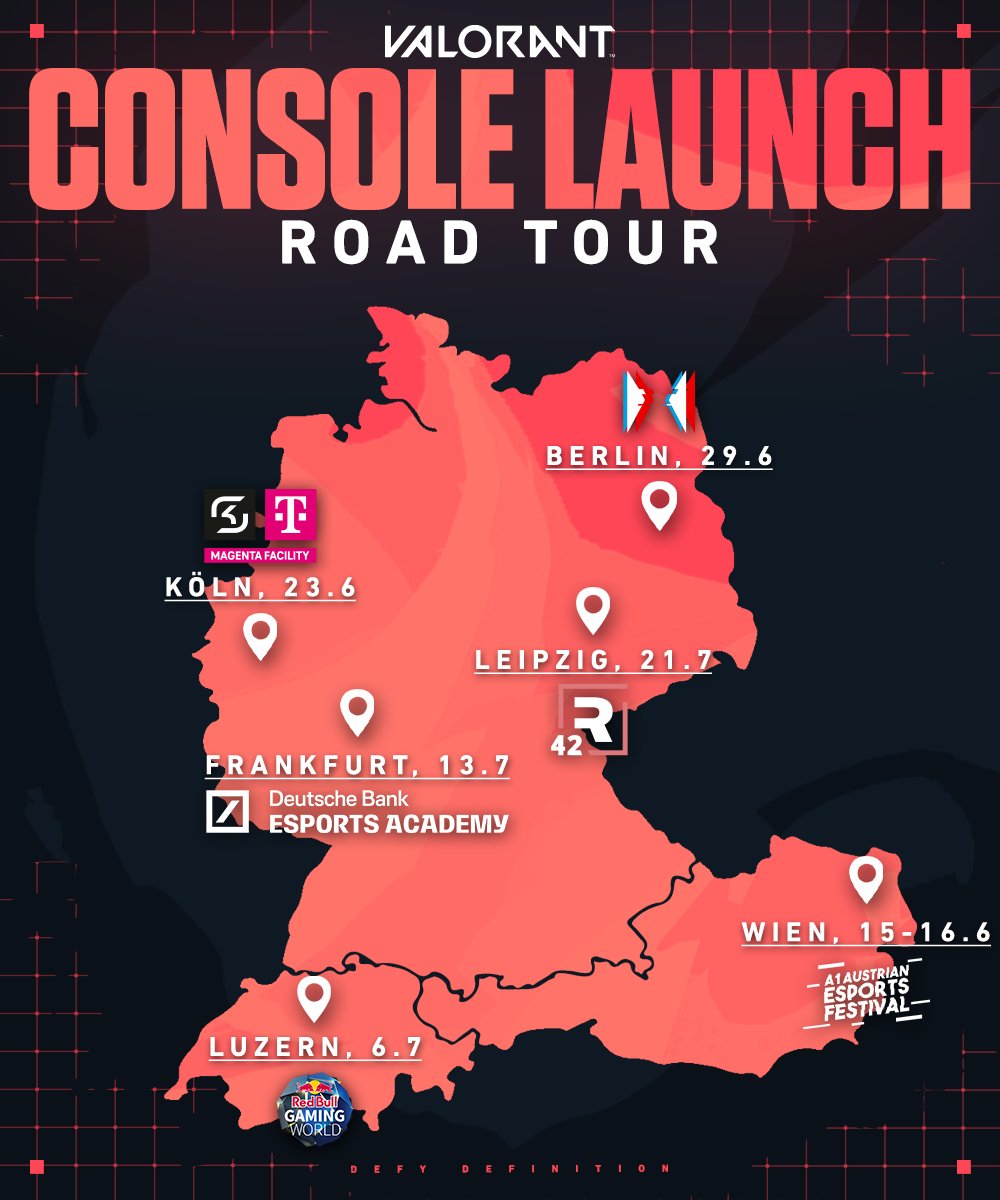 VALORANTde's tweet photo. 📢Hyped auf die VAL Konsolen Beta? Wir auch! Und deswegen starten wir nächste Woche unsere exklusive Roadtour durch DE/AT/CH, um euch die Chance zu geben, die Limited Beta anzutesten. In den Locations auf dieser Map könnt ihr vor Ort das Spiel zusammen erleben. 🎮 Infos ⬇️ https://t.co/diDsrAzFPZ