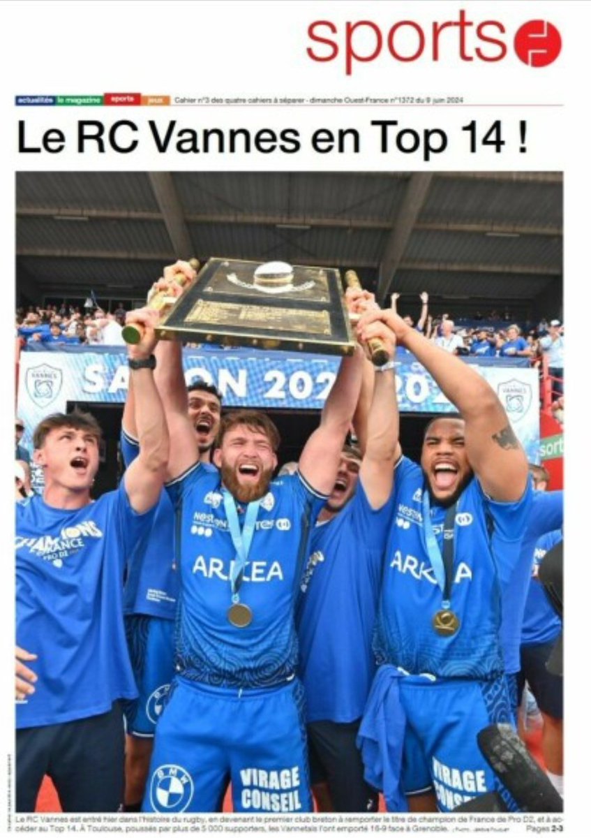BreizhRugby's tweet photo. Le RC Vannes est à la Une partout ce matin ! 
Le soleil s'est levé avec pour la première fois un club breton en Top 14.
Presque 103 ans après la création de la ligue de Bretagne, ce jour de gloire est enfin arrivé. 
C'est la fierté de tout un peuple pour son équipe : RC Vannes ! https://t.co/oaS9vuIEie