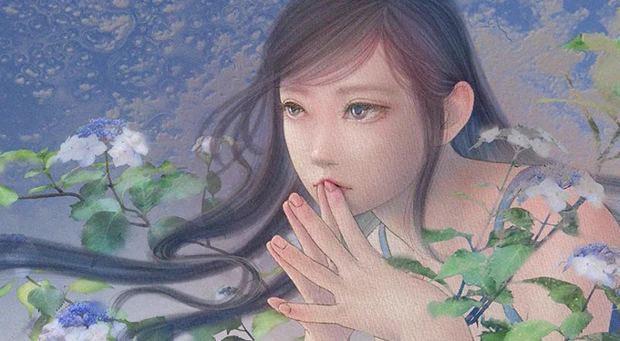 描き直した「アオイアジサイ」 #描き直し #紫陽花 #絵