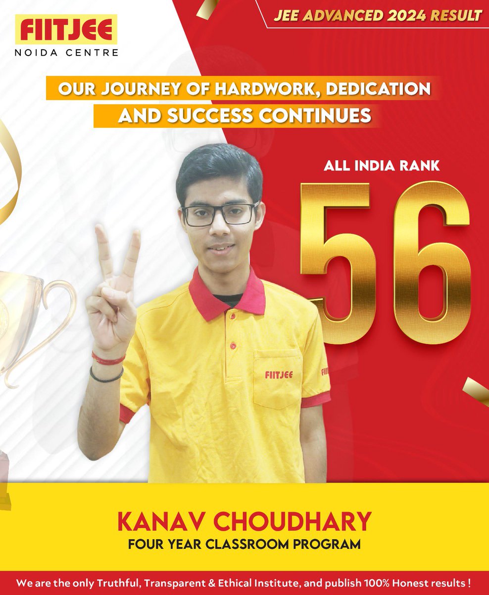 Fiitjee_Noida's tweet image. The tradition of excellence continues at #FIITJEENoida! We are overjoyed to share that Kanav Choudhary, a dedicated participant in our Four Year Classroom Program, has achieved an outstanding AIR of 5️⃣6️⃣ in #JEEAdvanced2024. 🎓🏅

#Noida #GreaterNoida #TopRanker #IITJEE2024