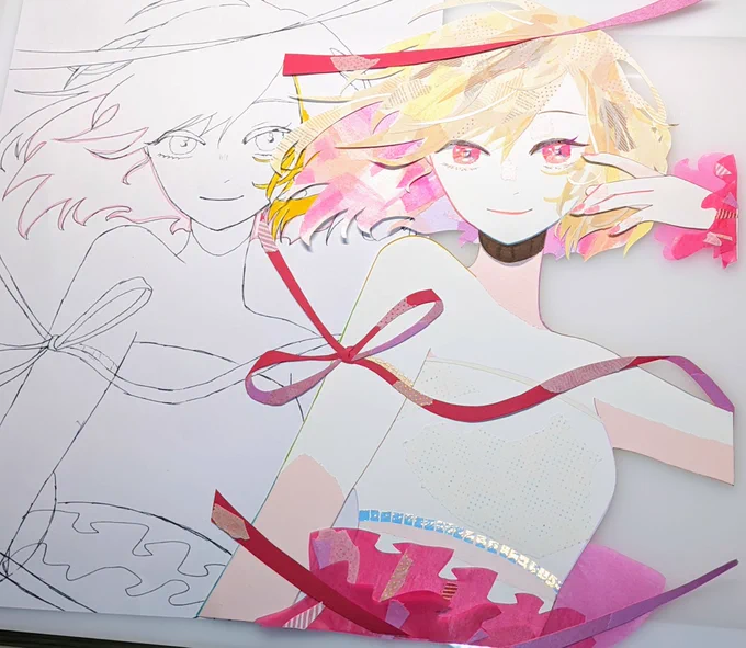 #MCM4 で展示する原画(非売品)90%できましたこちらはスキャンしてA4ポスターで販売予定ですお目めにマステ貼りまくった※市販の模様入りマステは使用しておりません。#アナログイラスト #オリジナルイラスト #マステ絵 