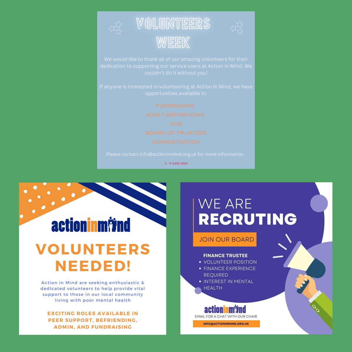ActioninMind's tweet photo. As volunteering week ends we would like to say a huge thank you to each &amp; every one of our volunteers 👏🏻 
We appreciate everything you do for Action in Mind💚

#VolunteersWeek #mentalhealthmatters #communitysupport #befriending #volunteersmakeadifference #volunteersweek2024 https://t.co/M9zKRWsR0L
