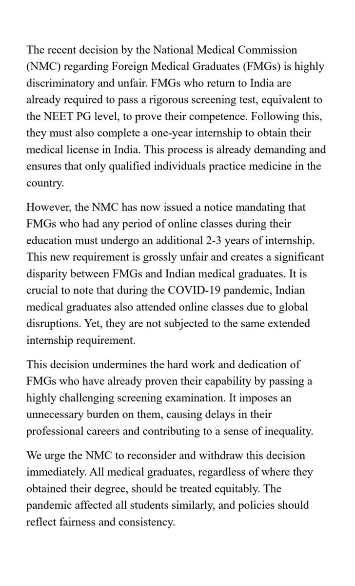 obaid_qazi's tweet photo. NMC's double standards are unacceptable. 
FMGs pass a screening test and complete 1-year internship, yet now face 2-3 years if they had online classes. 
Indian grads also had online classes during COVID.
This discrimination must end. We demand fair treatment for all. #FMGs #NMC https://t.co/LPp8FqYyVK