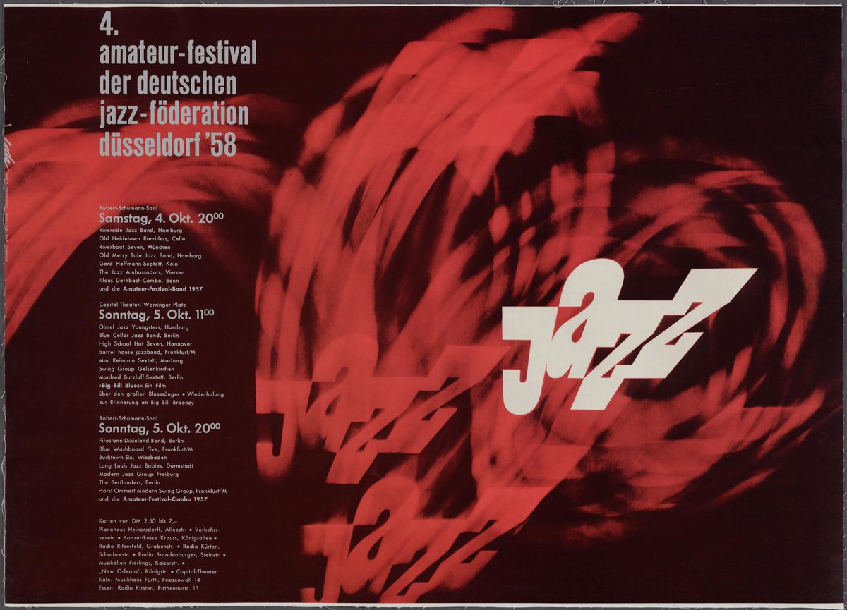 DesignReviewed's tweet photo. Wolf Zimmerman 1959-1962 Jazz festival posters via MoMA The Museum of Modern Art
subscribe to the Design History newsletter for more inspiration https://t.co/ROp206KlSf
#jazz #zimmerman #posterdesign https://t.co/zNAc2YcQtB
