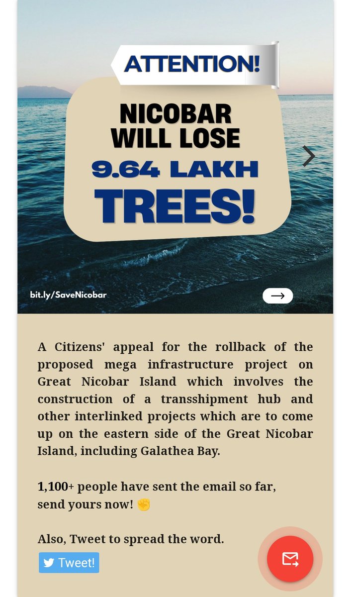 RAHUL (@rahulseeker) on Twitter photo To know more you may go through
scroll.in/article/103743…
thehindu.com/sci-tech/energ…
You may join the 'Save Nicobar' movement by signing the petition here.
Link 🔗
savenicobar.thereisnoearthb.com
Many may call this also ANTI-National, however that doesn't matter it must be stopped. 21/21 To know more you may go through
scroll.in/article/103743…
thehindu.com/sci-tech/energ…
You may join the 'Save Nicobar' movement by signing the petition here.
Link 🔗
savenicobar.thereisnoearthb.com
Many may call this also ANTI-National, however that doesn't matter it must be stopped. 21/21