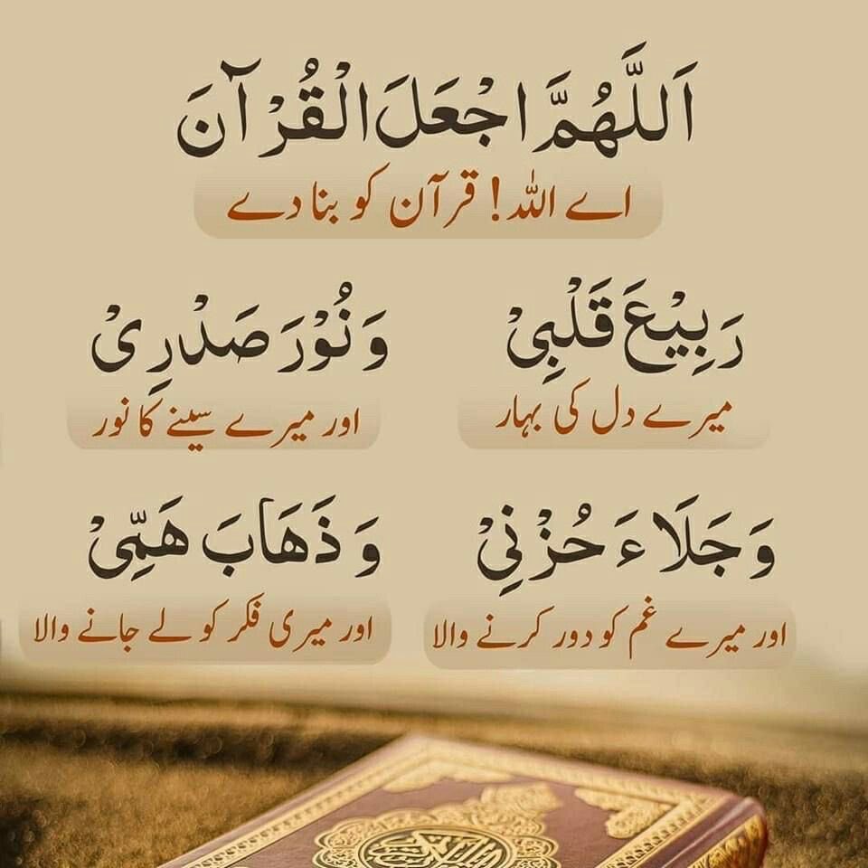 اےاللّٰہ قرآن کو بنا دے

میرے دل کی بہار

اور میرے سینے کانور

اور میرے غم کو دور کرنے والا

اور میری فکر کو لے جانے والا

                                        آمين يأرب العآلمين