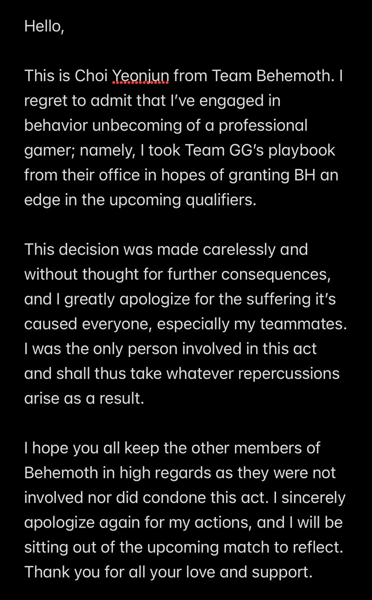 egamingrp's tweet photo. Official statement from Choi Yeonjun of Team Behemoth. https://t.co/vBGbKg7CJU