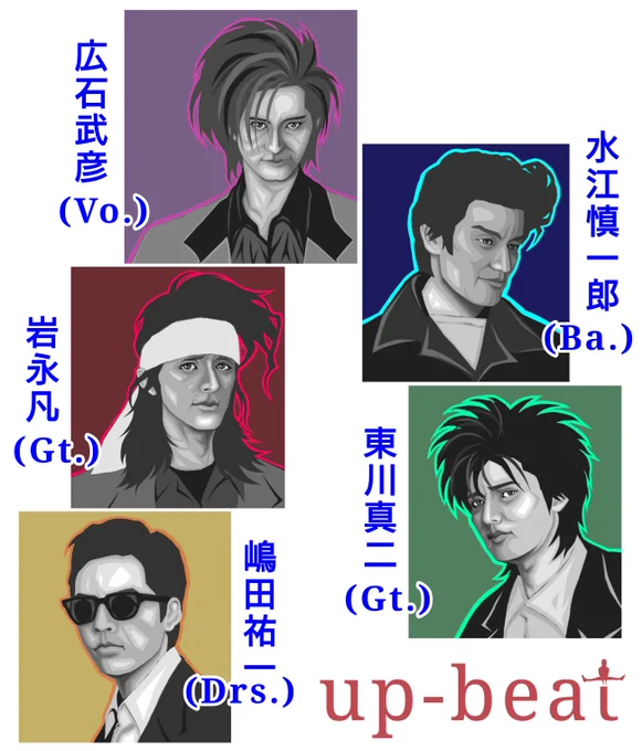 東川さんを描き加えて完成🎨🖌️
冨樫先生の描かれた up-beat とメンバーの位置が対応するようにレイアウトしました✨
#upbeat #イラスト #illustshare 