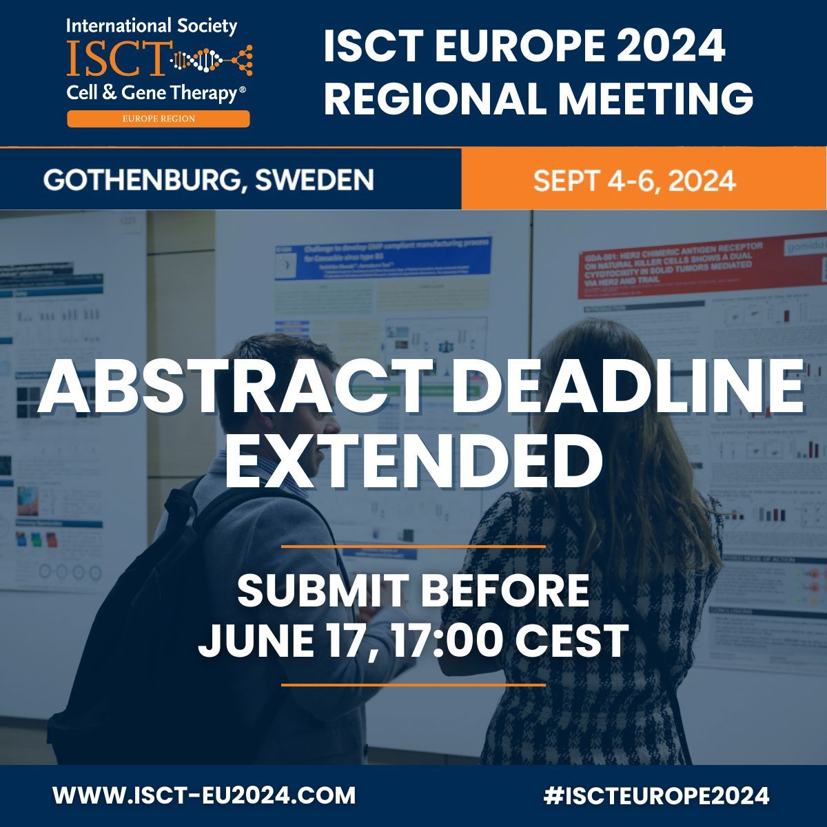 ISCTglobal's tweet photo. The deadline to submit an abstract for the ISCT Europe 2024 Regional Meeting has been extended to June 17 at 17:00 CEST. This extension provides an opportunity to refine your research and contribute to the vibrant discussions in Gothenburg. 

Submit now: https://t.co/SNWaChABAC https://t.co/auZsYSThek