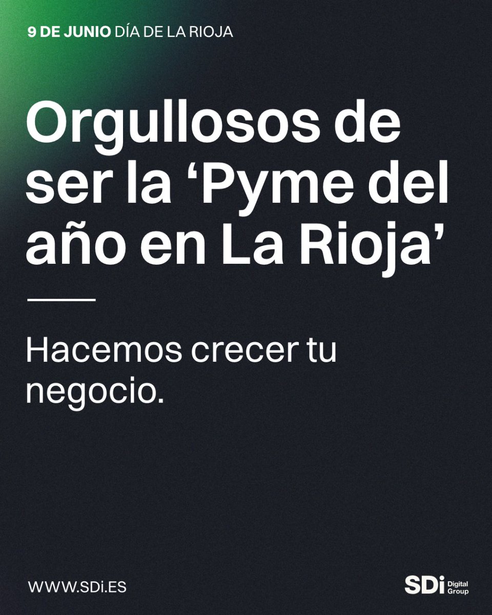 ¡Feliz día de La Rioja! ❤️
Este año celebramos con orgullo que somos la Pyme del año en La Rioja, siendo pioneros en tecnología y apoyando a empresas locales a alcanzar nuevas metas en el entorno digital 💻🚀

 #SDiDigitalGroup #LaRioja #DíaDeLaRioja #PymeDelAño #LaRioja