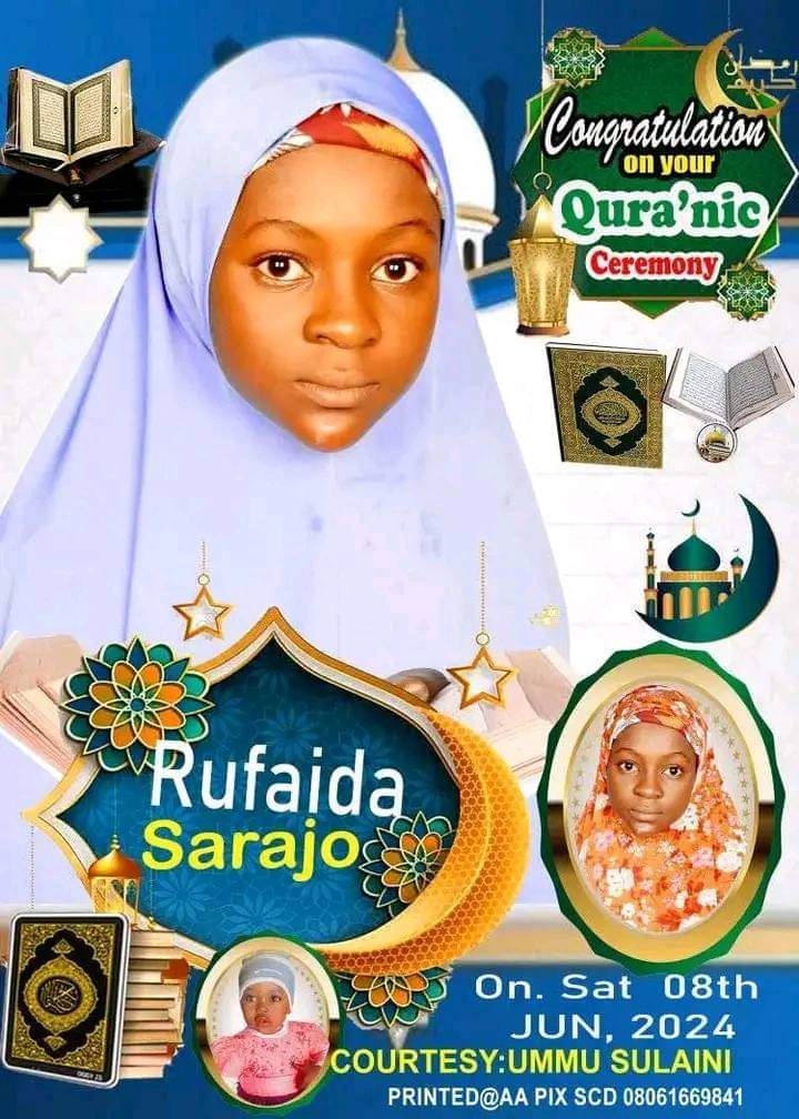 sm_4achida's tweet photo. ALHAMDULILLAH KASIRAN
It is another blessing, Your daughter RUFAIDA Sirajo has memorised the Holy Qur'an at the age of thirteen years(13). Congratulations to the family and entire Muslim Umma. https://t.co/JIPL3QDkqi