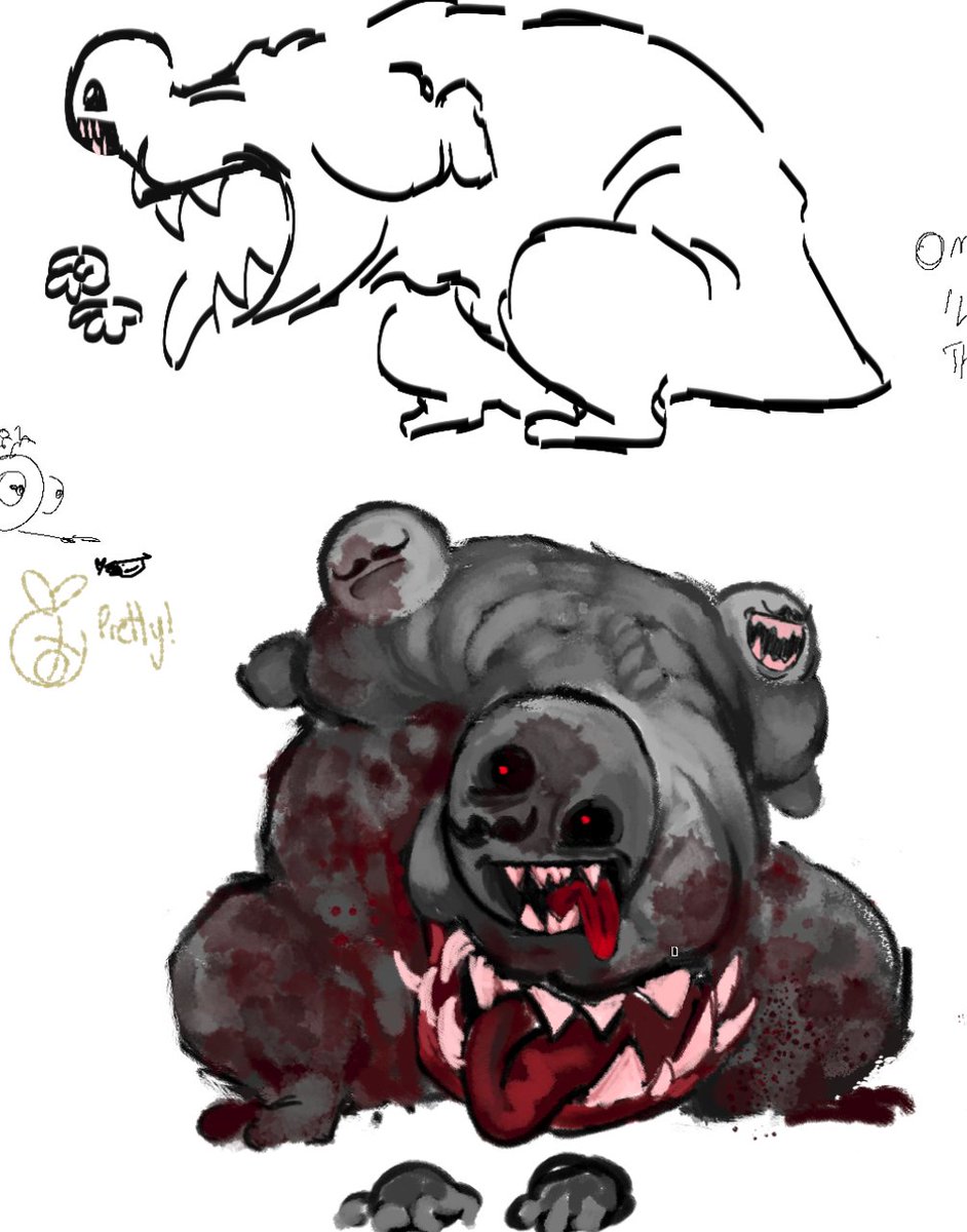Madrawstic's tweet photo. uh meet Termite 
He is my son and i love him dearly, me thinks he's really smart and he has 4 brains  😼

Top doodle is me doodling how i think his whole body looks sideways (minus the extra heads)
#madnesscombatoc #madcomoc #rompflaoc #rompfla #rompoc https://t.co/D0U1aaFoKJ