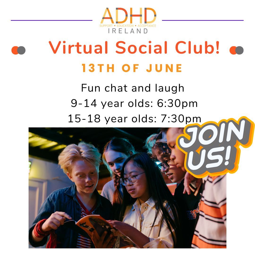 adhdireland's tweet photo. Social Club is happening next week! For more information and free registration please follow the links! 
9-14 years old -> https://t.co/2LhXjZ33KE 
15-18 years old -> https://t.co/FakFI0aPXG https://t.co/KeCIPDG16k