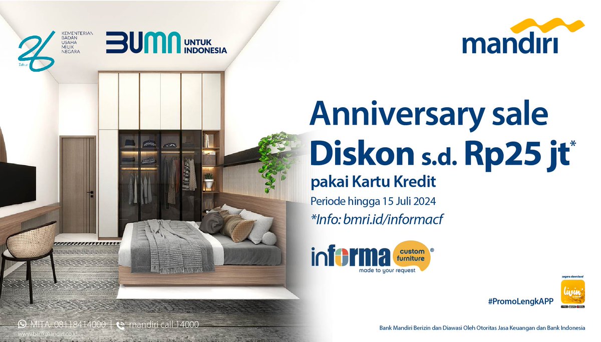 mandiricard's tweet photo. Percantik rumahmu dengan promo dari INFORMA Custom Furniture dan Mandiri Kartu Kredit! π β¨
Diskon hingga Rp25 juta dan cicilan 0% sampai 24 bulan untuk semua produk!
Info selengkapnya di https://t.co/LL5GzC8gtv
#MandiriKartuKredit
#PromoLengkAPP
#BankMandiri https://t.co/RdPHg0jgv9
