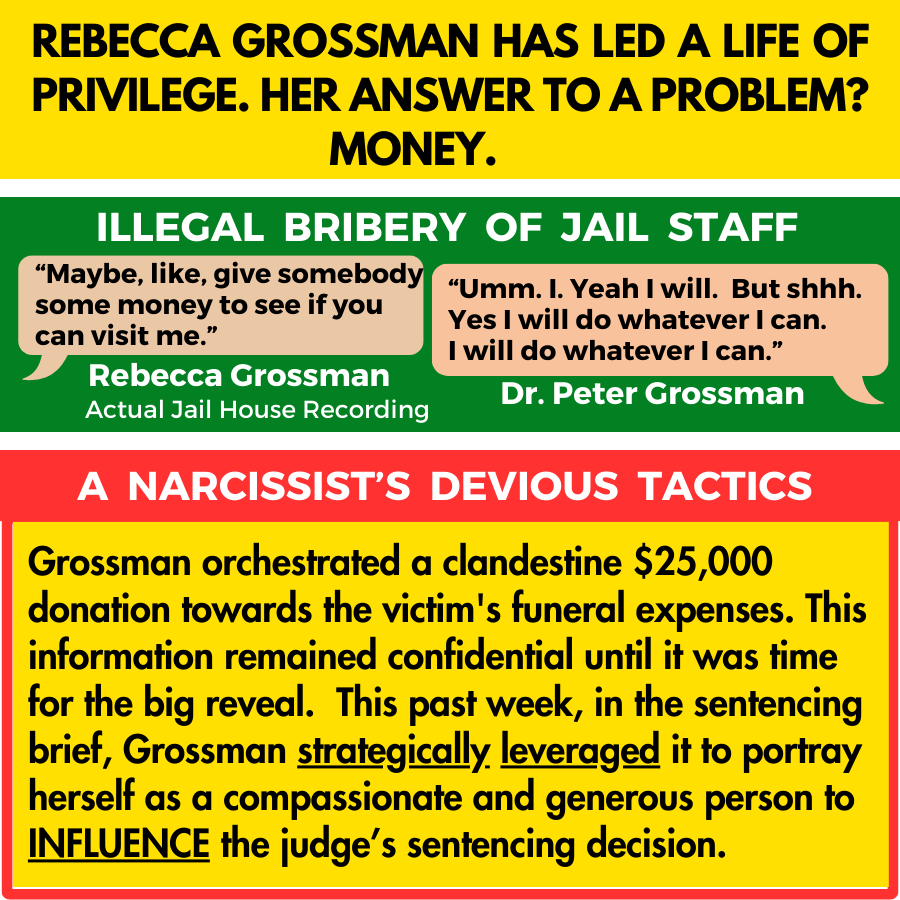 Jimmy98088272's tweet photo. #RebeccaGrossman uses her wealth to influence her sentencing. Revealed this week, she secretly donated $25K to Mark & Jacob's funeral - using it to sway the judge into seeing her in a positive light at sentencing. Despicable behavior.
Still, she expresses NO remorse! #MondayMax https://t.co/3rIOKuQ5ct