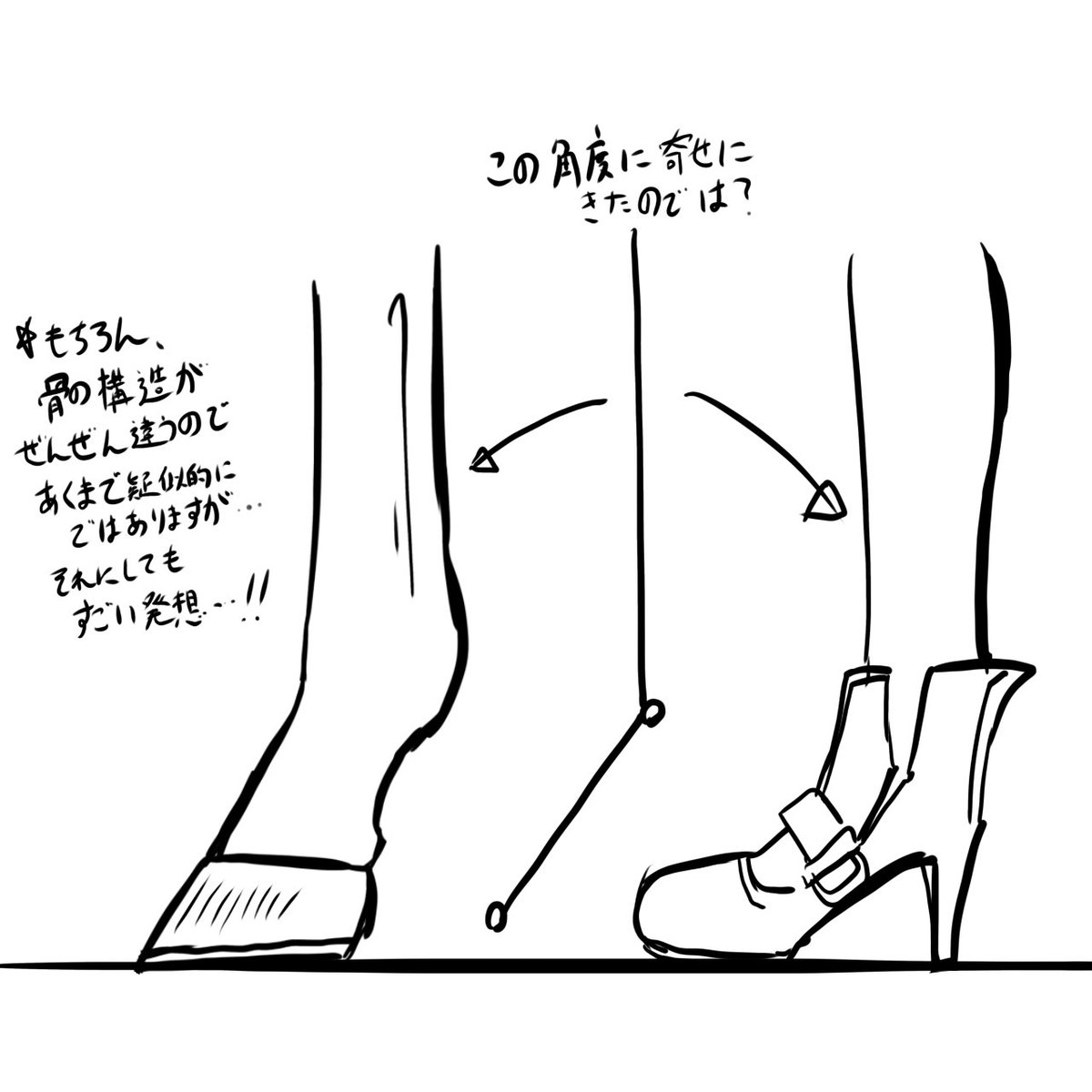 個人的に絶賛したいのは靴です。

くどいくらいヒールであることを強調してました。運動靴ですらヒールなんだから、そこにこだわりがあるのは間違いありません。

人間の走りを擬似的に馬の走りに見せる工夫があそこに詰まってました。蹄から球節にかけての角度をヒールで置き換えたんですね。