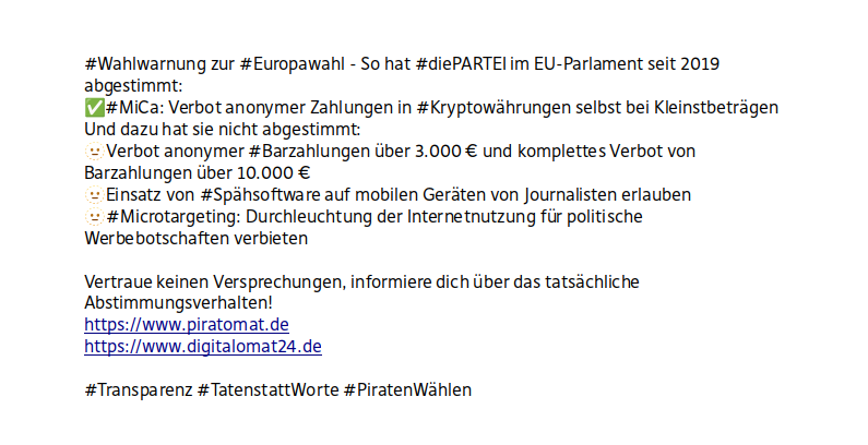 echo_pbreyer's tweet photo. #Wahlwarnung zur #Europawahl - So hat #diePARTEI im EU-Parlament seit 2019 (nicht) abgestimmt.

Vertraue keinen Versprechungen, informiere dich über das tatsächliche Abstimmungsverhalten!
https://t.co/qceVJNIo3O
https://t.co/72GaoyKtEl 

#TatenstattWorte #PiratenWählen https://t.co/A5cWhR1GwJ