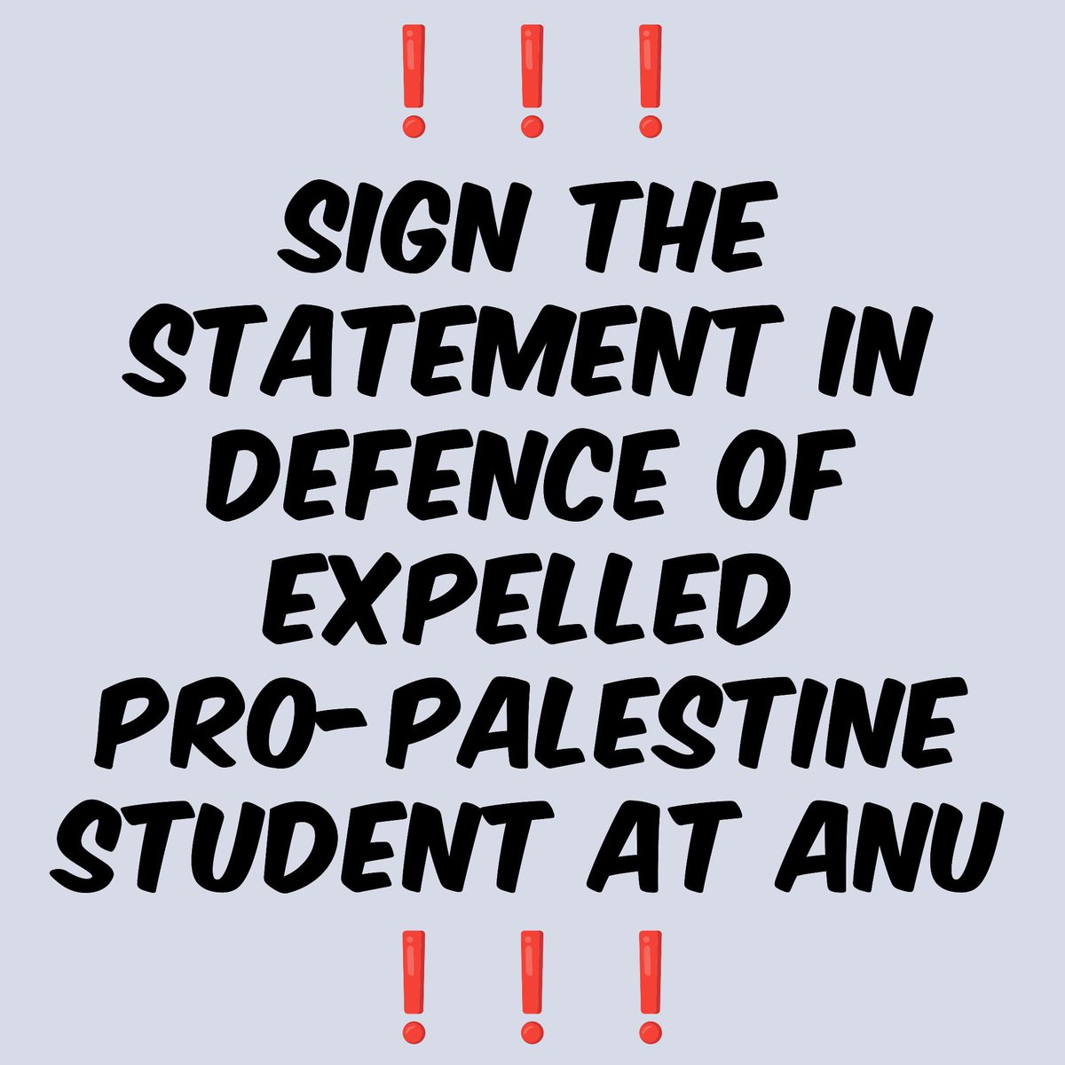 ANU has expelled a Palestine supporter. 

Add your name to those calling for them to be reinstated and for ANU to cut its ties with genocide. 

docs.google.com/forms/d/e/1FAI…