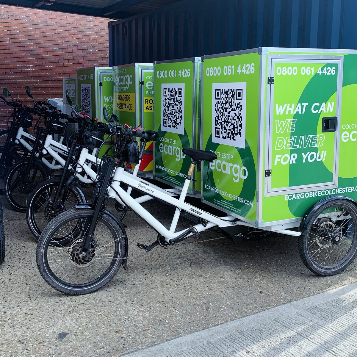 Some of the #cargotrike fleet, ready to whizz into action all across our City. 
#cargobikedeliveries 
#allacrosscolchester 
#whatcanwedeliverforyou 
#greencleandeliveries