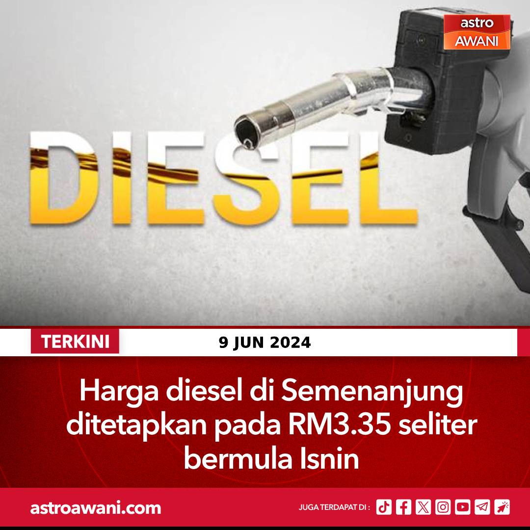 501Awani's tweet photo. Bermula pada tengah malam hari Isnin, 10 Jun 2024, harga diesel di semua stesen runcit petrol di semenanjung Malaysia akan ditetapkan pada kadar RM3.35 seliter, iaitu harga pasaran tanpa subsidi berdasarkan purata bulan Mei 2024, mengikut formula automatic pricing mechanism yang sedia ada.

Menteri Kewangan II, Datuk Seri Amir Hamzah Azizan, berkata dengan penetapan harga dan pelaksanaan subsidi bersasar, Kerajaan menjangka pengurangan serta-merta kerugian aktiviti ketirisan yang boleh membawa penjimatan RM4 bilion setahun.

Ikuti berita terkini di https://t.co/54tbq5BUpE
#AWANInews