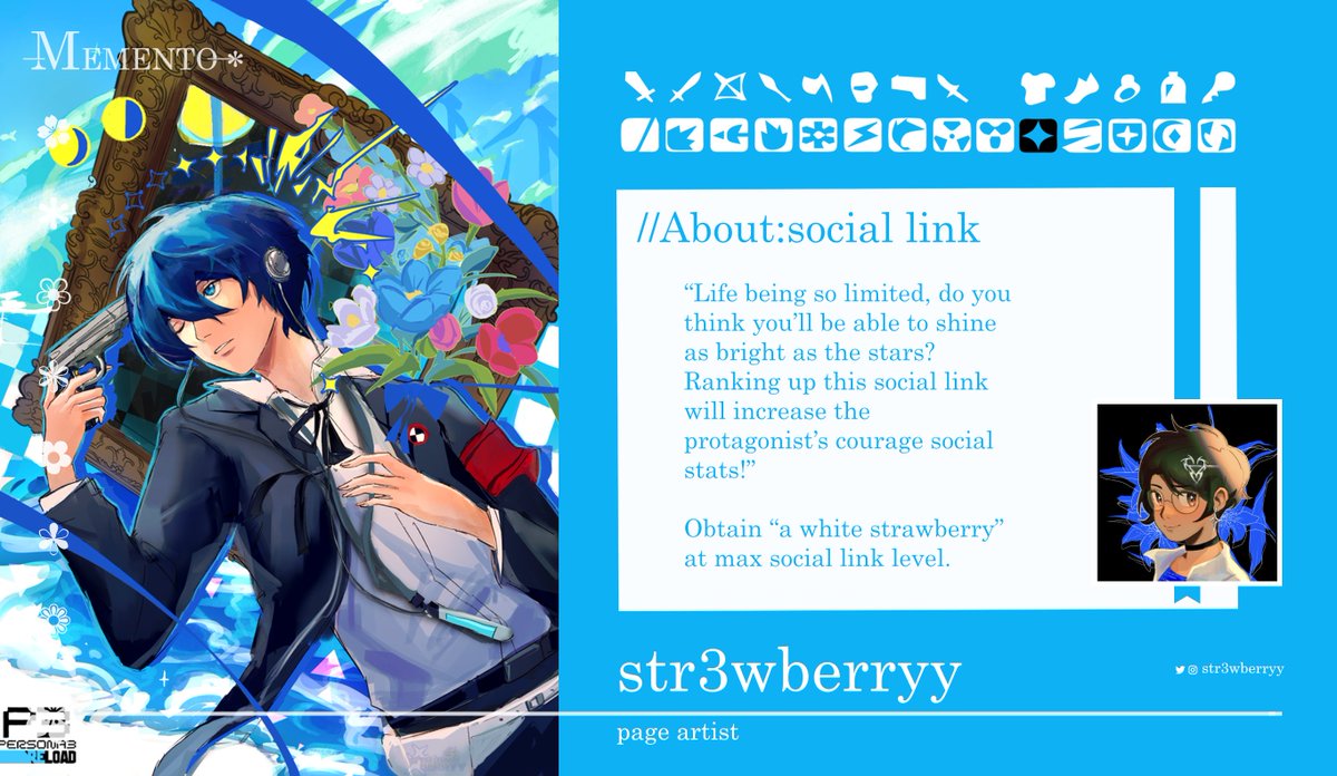 Persona3Zine's tweet photo. Let's all welcome one of our page artists, @str3wberryy!

True to his namesake, you can get a 🍓at the end of the social link. Wait, it's white? White strawberries are real? You learn something new everyday in this zine. https://t.co/1alERBIIVR