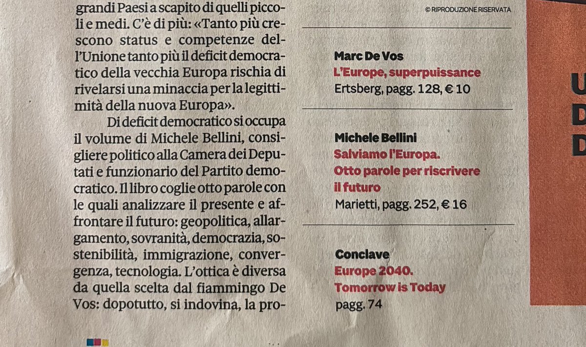 In questa giornata così importante per la #democrazia è stata una bellissima sorpresa trovare sul <a href="/sole24ore/">IlSole24ORE</a>, nel pezzo di <a href="/BedaRomano/">Beda Romano</a>, anche il mio saggio - "Salviamo l'Europa" <a href="/mariettieditore/">Marietti1820</a> - tra i tre che offrono la chiave per interpretare la prossima legislatura 🇪🇺