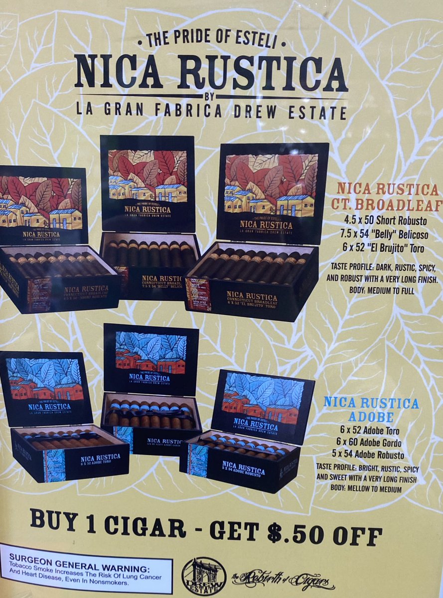 SmokerFriendlys's tweet photo. ✨SALE✨Save $0.50 on Nica Rustica cigars when you buy one! Don’t miss out on trying an El Brujito from Nica Rustica, It has a rich, spicy, and robust flavor that you will enjoy. #nicarusticacigar #cigarshop #pittsburgh #smokeshop https://t.co/oXVkWyPKcZ
