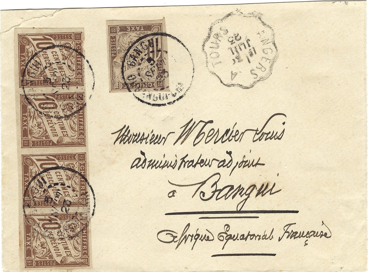 AnnecyWebmaster's tweet image. nouvelle pièce du mois : 1923 - Une lettre de la poste ferroviaire pour Afrique Equatoriale Française  philatelie-annecy.fr/1923-une-lettr… #philatelie #marcophilie #histoirepostale #timbres #posteferroviaire #courrierconvoyeur #Tours #Angers #Bangui