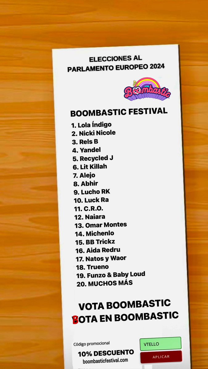 VictorTello25's tweet photo. ‼️10% DESCUENTO TODOS LOS BOOMBASTIC FESTIVAL 2024
👉 Código promocional: VTELLO
🔗Abonos en Web Oficial https://t.co/GAcutRmYuo
✔️ DISPONIBLES ENTRADAS DE DÍA Y VÁLIDO CON BONO CULTURAL

#Boombastic #BoombasticFestival #eleccioneseuropa #elecciones #Europa #ElectionsEuropéennes https://t.co/O4BReEqHSu
