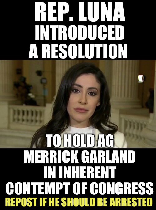 TheEXECUTlONER_'s tweet photo. Anna Paulina Luna introduced a resolution to hold Attorney General Merrick Garland in Inherent Contempt of Congress. 

Paulina wants to arrest Garland for failure to comply with the congressional subpoena to turn over the Hur/Biden interview audio tapes. 

Who agrees with her?🙋‍♂️ https://t.co/aYqKHg5pqQ