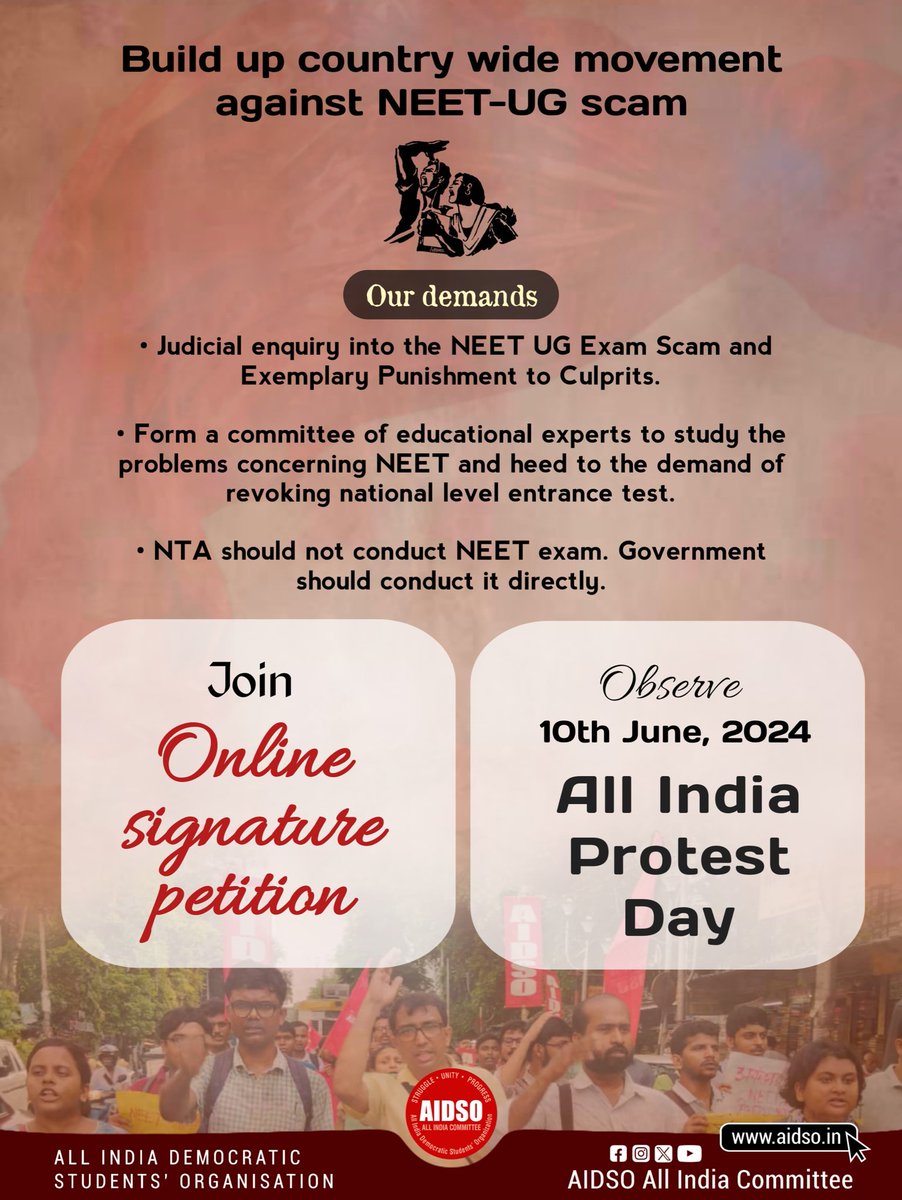 Build up country wide movement against #NEET UG scam 
Join the signature campaign by #AIDSO and All India Protest Day on 10th June
Signature Form link : 
docs.google.com/forms/d/e/1FAI…

#neetUG24controversary #NEETScam