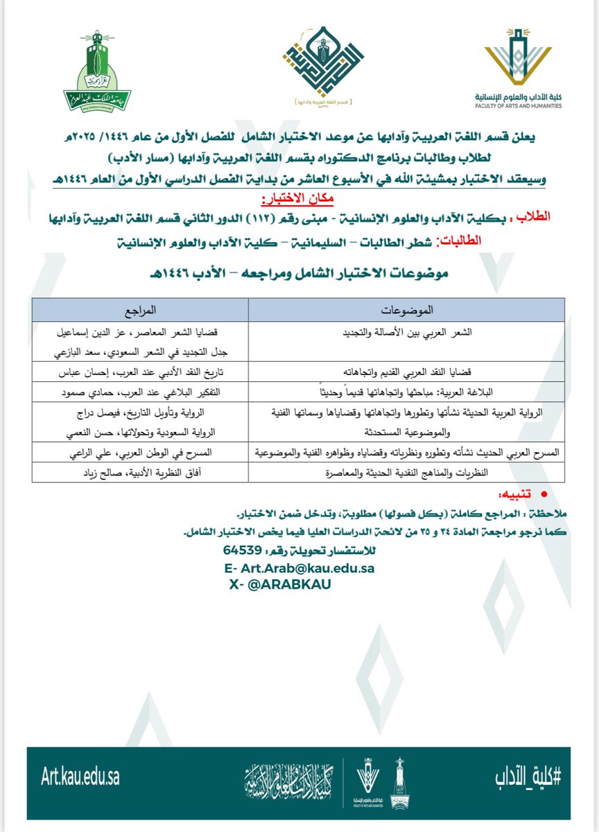 معلومات الاختبار الشامل للعام الجامعي القادم 1446هـ 

لطلبة برنامج الدكتوراه في #قسم_اللغة_العربية_وآدابها ب #كلية_الآداب <a href="/kauarts__112/">كلية الآداب  ARTS#</a> 
#مسار_الأدب #مسار_اللغويات 

#عشر_مباركات