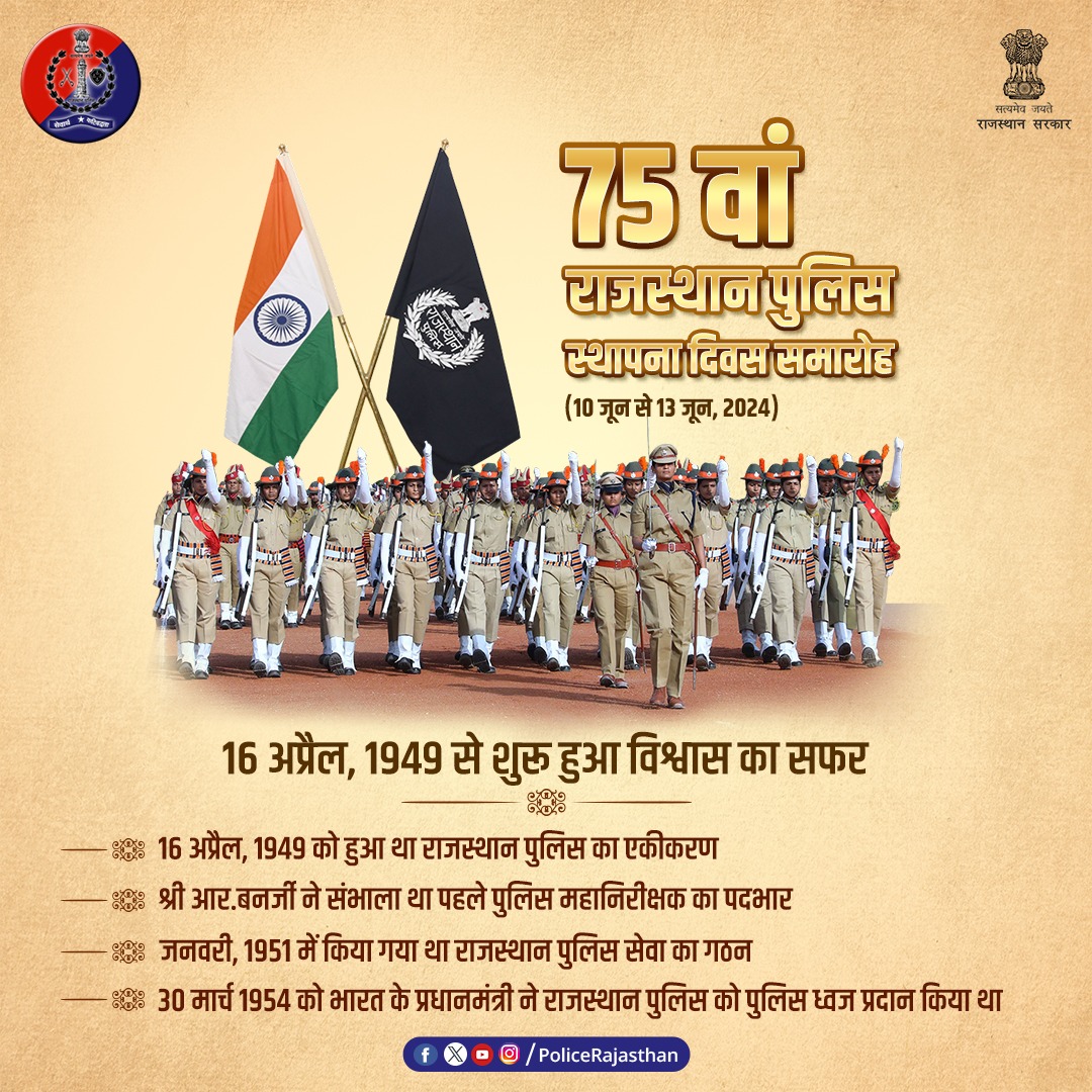 PoliceRajasthan's tweet image. राजस्थान पुलिस की स्थापना का उत्सव मनाया जाएगा हर्ष उल्लास के साथ। 

इस बार मनाया जाएगा 75वां #राजस्थान_पुलिस_स्थापना_दिवस समारोह।

राज्य स्तरीय समारोह के अंतर्गत होंगी कई सांस्कृतिक प्रस्तुतियां। 

रक्तदान शिविर का भी होगा आयोजन।
#RajasthanPolice