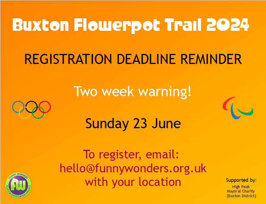 There's just two weeks to go to register for the #BuxtonFlowerpotTrail 2024!

Email hello@funnywonders.org.uk by Sun 23 Jun.

More info at funnywonders.org.uk/2024/04/06/bux…

 #Buxton #Buxton2024 #BuxtonCommunity #communityarts #BuxtonFringe #BuxtonFestival #Olympics #Paralympics #Paris2024