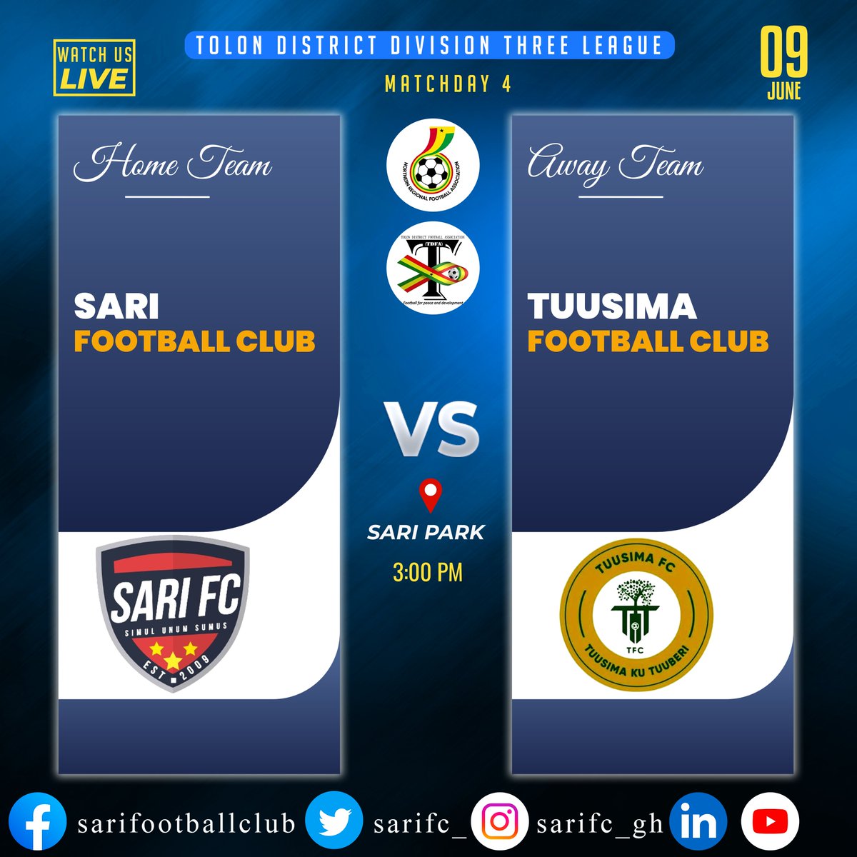 sarifc_'s tweet photo. 𝗠𝗔𝗧𝗖𝗛𝘿𝘼𝙔 ⚡

🆚 Tuusima FC
⏰ 3:00 PM
🏟 The Sari Park
🏆 Tolon District Division Three League

#simulunumsumus
#sarifc https://t.co/7YWnXayjcE