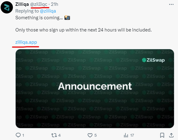 zilliqa's tweet photo. 🚨 Zilfam! Beware of scams under tweets from Zilliqa.

Take a look at this example. This is fake account directing community to a phishing website. Never interact with such tweets &amp; websites.

Stay safe &amp; report them to @X. 

#ScamAlert #StaySafe https://t.co/a7NwnC7xYe