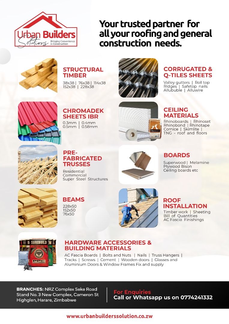 UrbanBuilderszw's tweet photo. @redmarketsunday Need quality roofing materials? Look no further!
Our s5 kiln dried structural timber, semi dried timber,roofing hardware, and chromadek roofing options will keep your home safe and stylish.
#timber
#roofing
#chromadeksheets
#buildinginzimbabwe
#Buildwithus
#RoofingSupplies https://t.co/lHbInbkZ2O