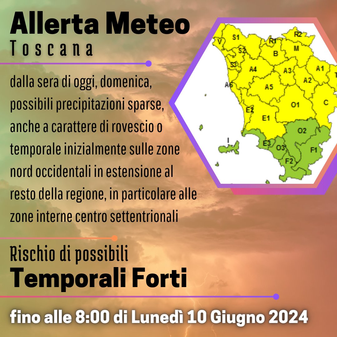 🟡 #AllertaMeteoTOS
📅#9giugno e #10giugno
⛈️rischio #Temporale
📍 in #Toscana

#PCSesto #ProtezioneCivile #SestoFiorentino #Arezzo #Firenze #Grosseto #Livorno #Lucca #MassaCarrara #Pisa #Pistoia #Prato #Siena
