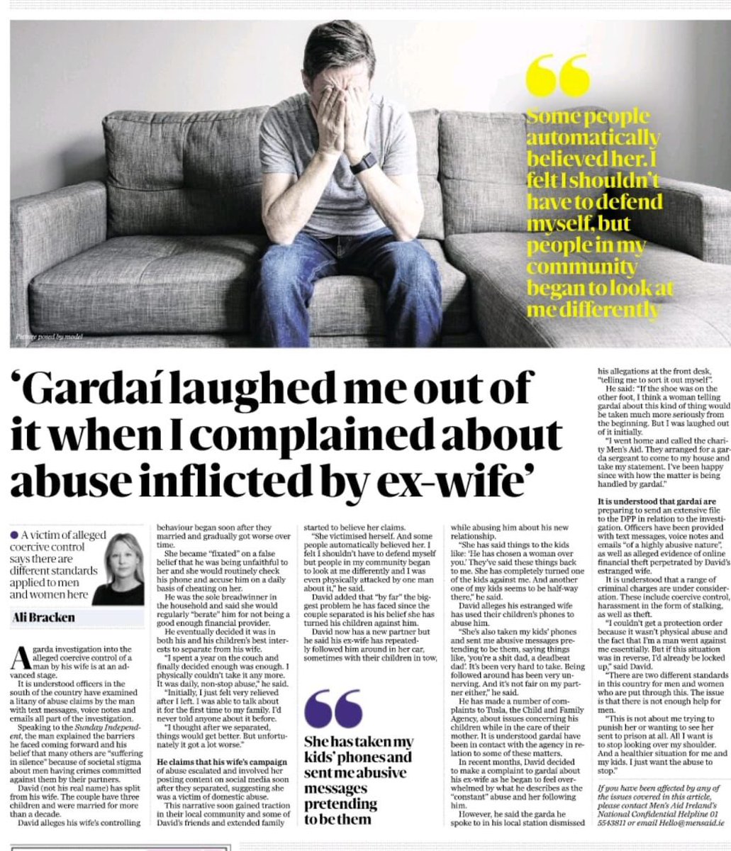 ‘She has taken my kids phones and sent me abusive messages pretending to be from them’.

The heartbreaking reality for at least 1 in 7 men across Ireland. An excellent article by Ali Bracken in today’s Sunday Independent.
#coercivecontrol #domesticabuse