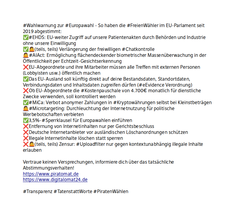 echo_pbreyer's tweet photo. #Wahlwarnung zur #Europawahl - So haben die #FreienWähler im EU-Parlament seit 2019 abgestimmt.

Vertraue keinen Versprechungen, informiere dich über das tatsächliche Abstimmungsverhalten!
https://t.co/qceVJNIo3O
https://t.co/72GaoyKtEl 

#TatenstattWorte #PiratenWählen https://t.co/Pfp1E3EfrW