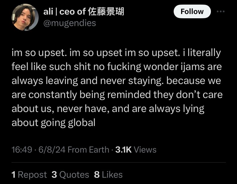 kwkw0302's tweet photo. No. A lot of IJAM left because you have been a bully to them. Don’t you think we have forgotten about how you accused people being racists and cancelling people for no reason. Stop playing the victim here. You do not represent international fans. https://t.co/HeSc5SkXxN