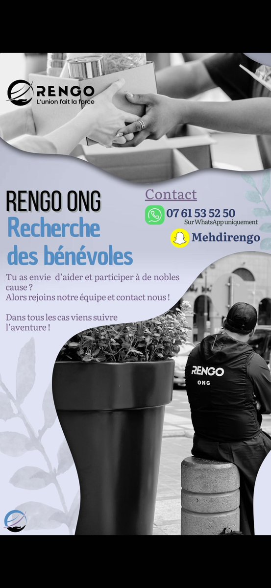 1rstconcept's tweet photo. Bonjour à tous, 

#RengoONG est à la recherche de bénévoles pour mener à bien leurs actions en faveur des nécessiteux et des plus démunis, ici et ailleurs dans le monde. 

N’hésitez pas à ajouter Medhi sur snap, il est disponible et répond rapidement. 

Partagez l’équipe ! 💪 https://t.co/i0RAZAtyPD