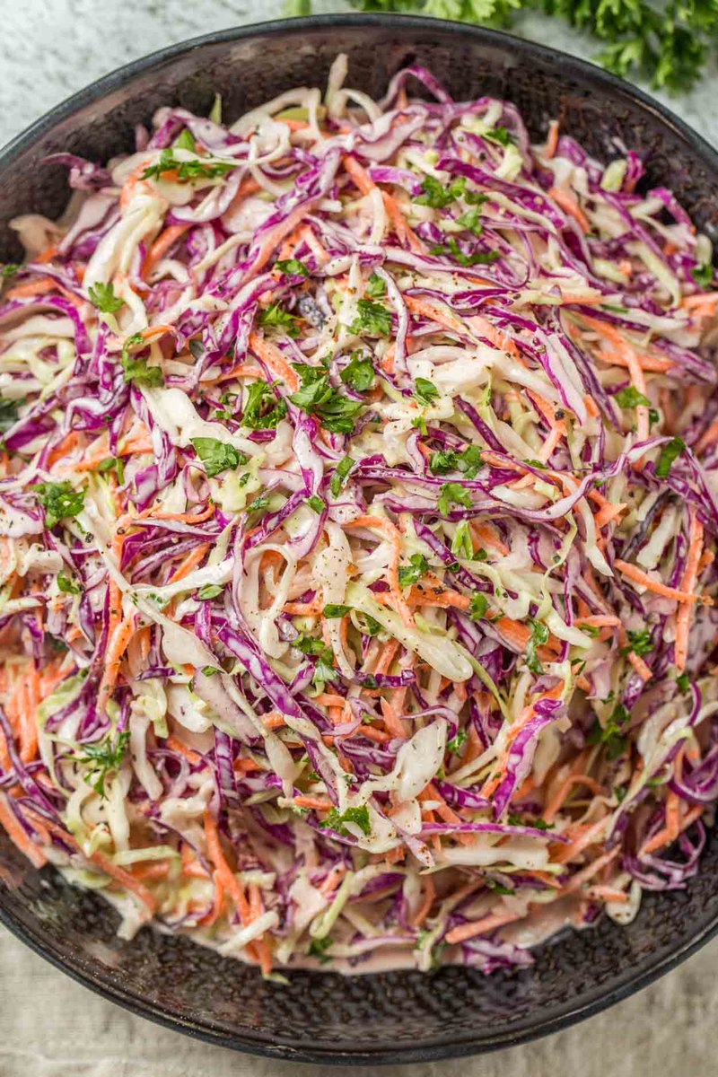 Kickin' Coleslaw
6 cups green cabbage shredded
3 cups red cabbage shredded
2 carrots grated
1 red onion sliced
1 cup cilantro

Dressing
1 cup mayo
1/4 cup vinegar
2 tbsp mustard
1 tbsp honey
1 tsp hot sauce
1/2 tsp paprika
1/4 tsp cayenne
S&amp;P

Mix veggies. Whisk dressing. Toss!