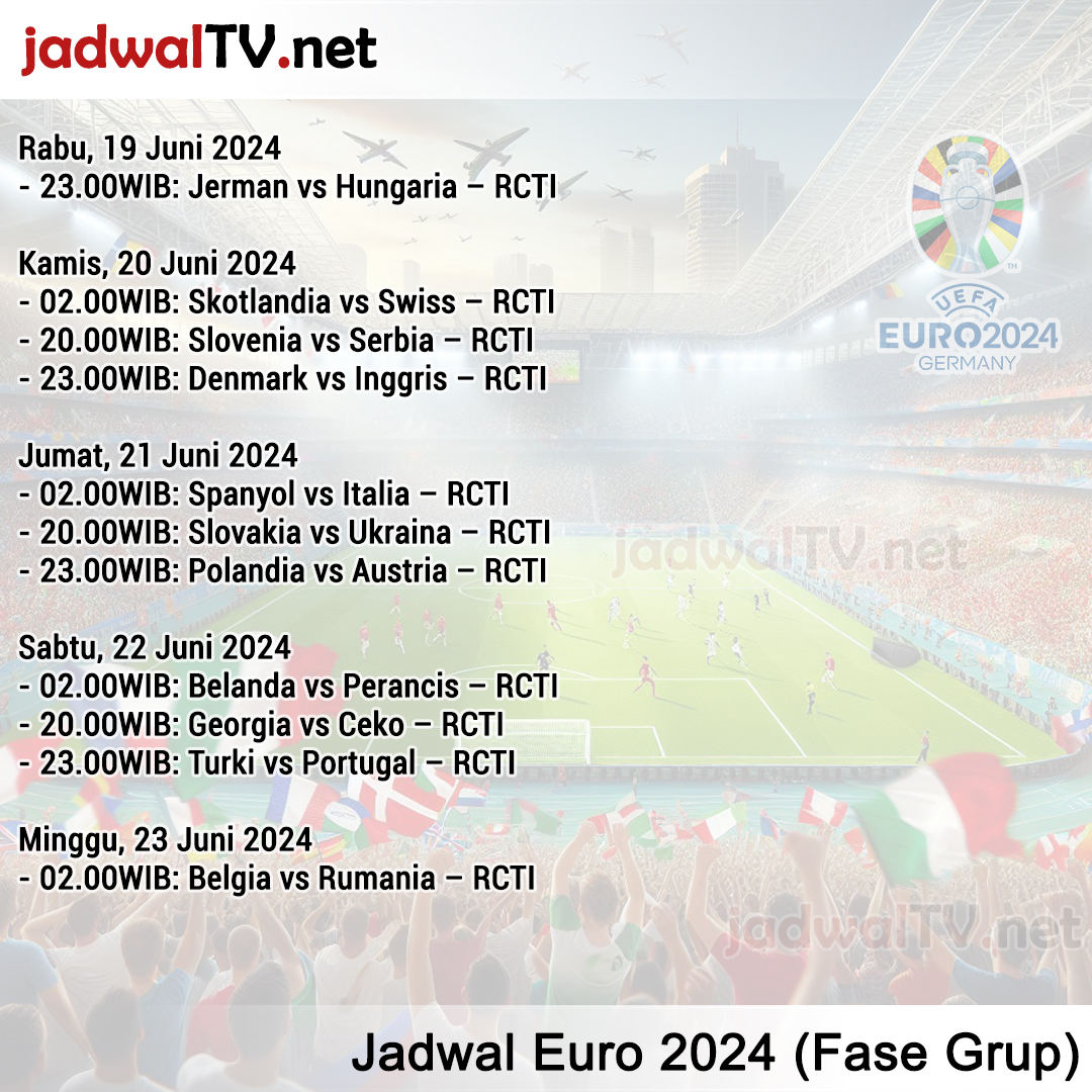 JadwalTVNet's tweet photo. Jadwal Euro 2024 Di RCTI, MNCTV, dan iNewsTV (Fase Grup: 15 Juni - 27 Juni 2024)

sumber: https://t.co/nfyD4HBU5x

*jadwal dapat berubah tanpa pemberitahuan

#jadwaltv #jadwaltvnet #jadwalsepakbola #jadwalsepakbolatv #EURO2024 #UEFAEURO2024 #RCTI #MNCTV #INEWSTV https://t.co/wAnkHQUqWk